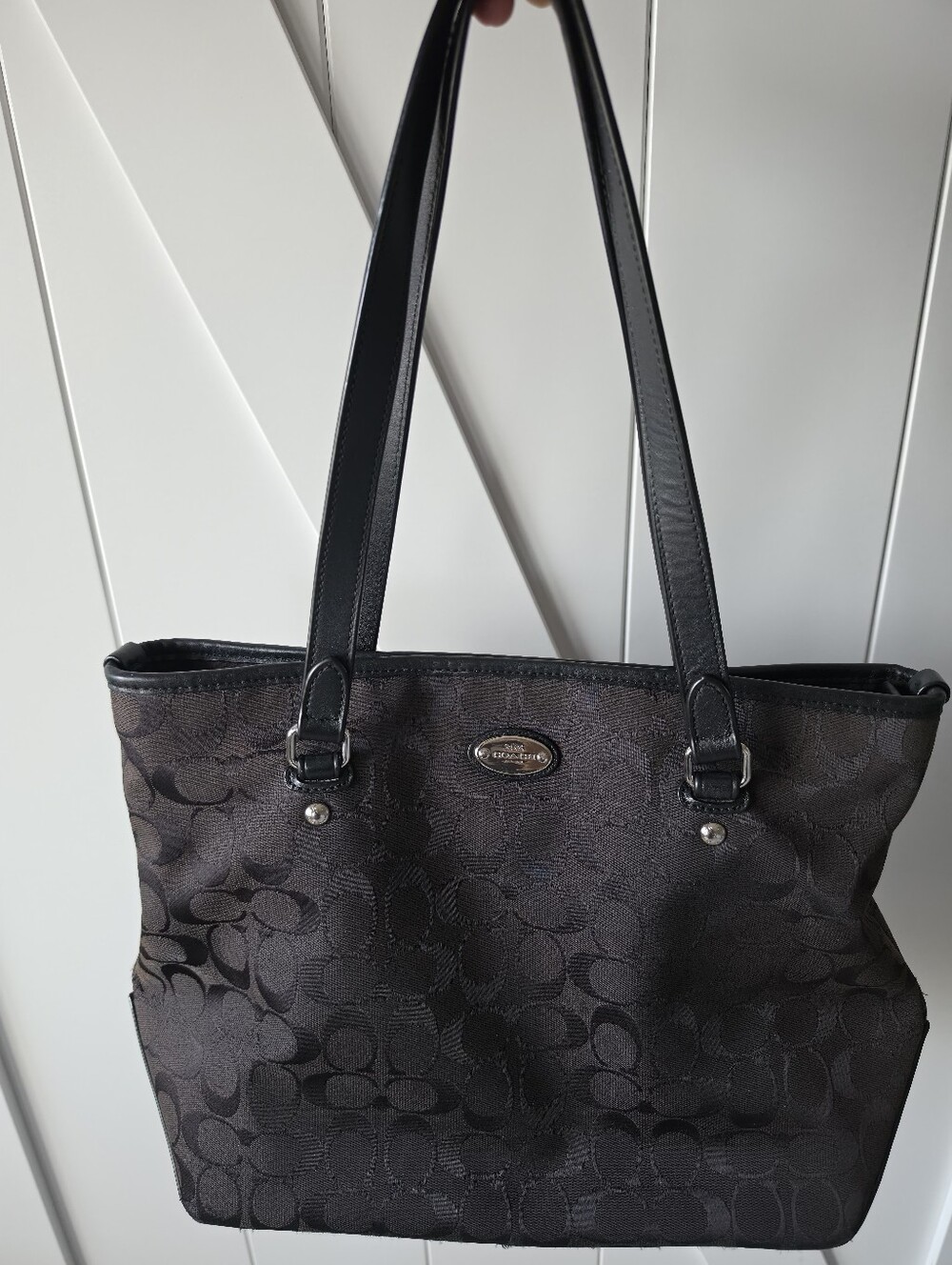 Coach Black Signature Jacquard Tote with Leather Straps